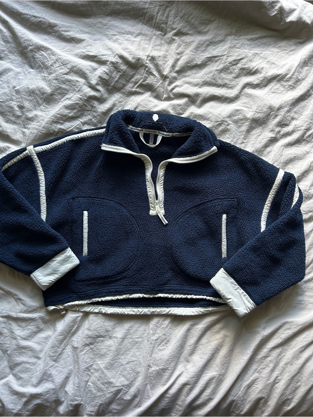 Free People Navy Sherpa Half-Zip Pullover Sweater with White Trim Small